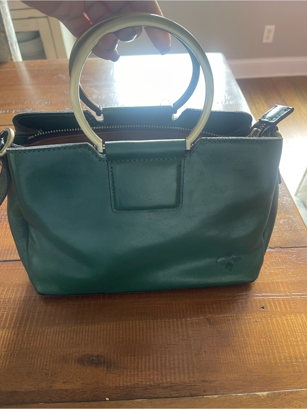 Patricia Nash Emerald Green Leather Shoulder Bag with Gold Ring Handles